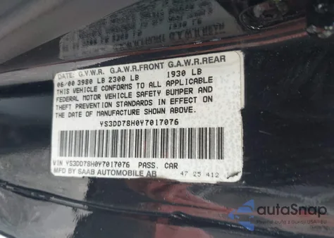 2000 Saab 9-3 z USA, uszkodzony, nr VIN YS3DD78H0Y7017076